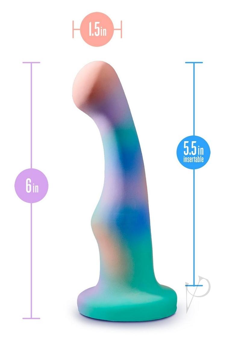 Blush Avant Opal Dreams silicone dildo in swirled aqua, lilac and peach, with its dimensions marked