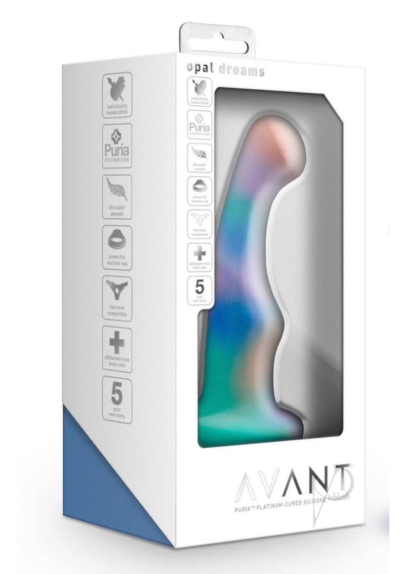 Blush Avant Opal Dreams silicone dildo in swirled aqua, lilac and peach, in its retail box