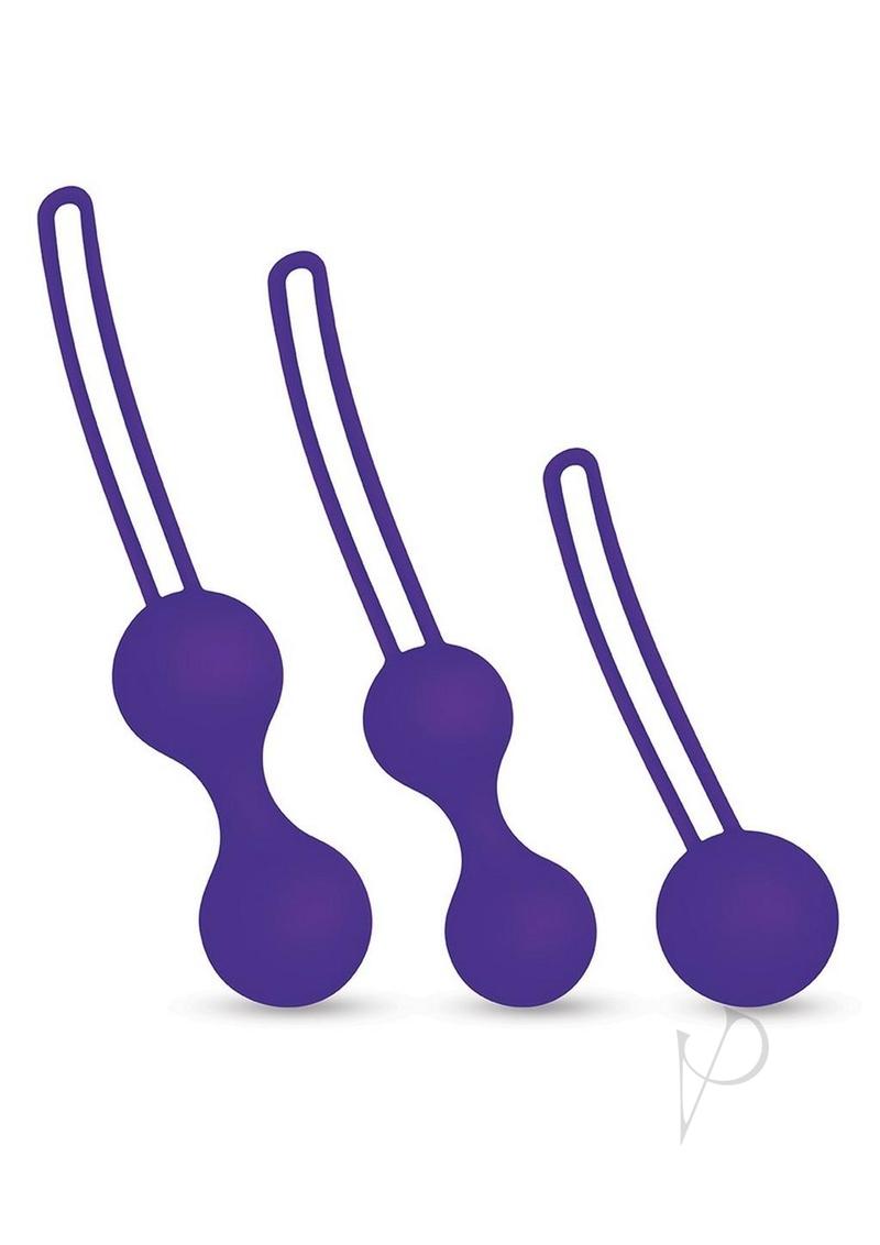Bodywand Squeeze kegel training set, three weighted silicone pieces in purple, the three weights side by side