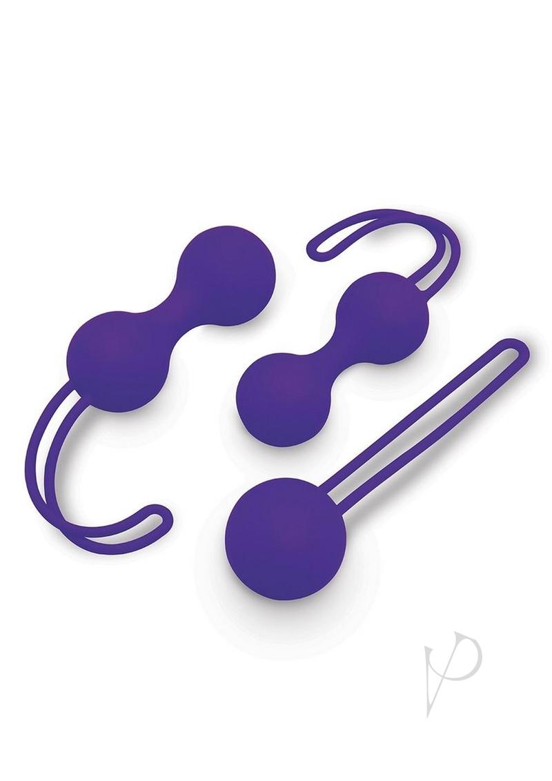 Bodywand Squeeze kegel training set, three weighted silicone pieces in purple, all three from above