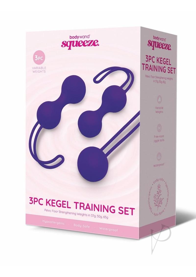 Bodywand Squeeze kegel training set, three weighted silicone pieces in purple, in its retail box