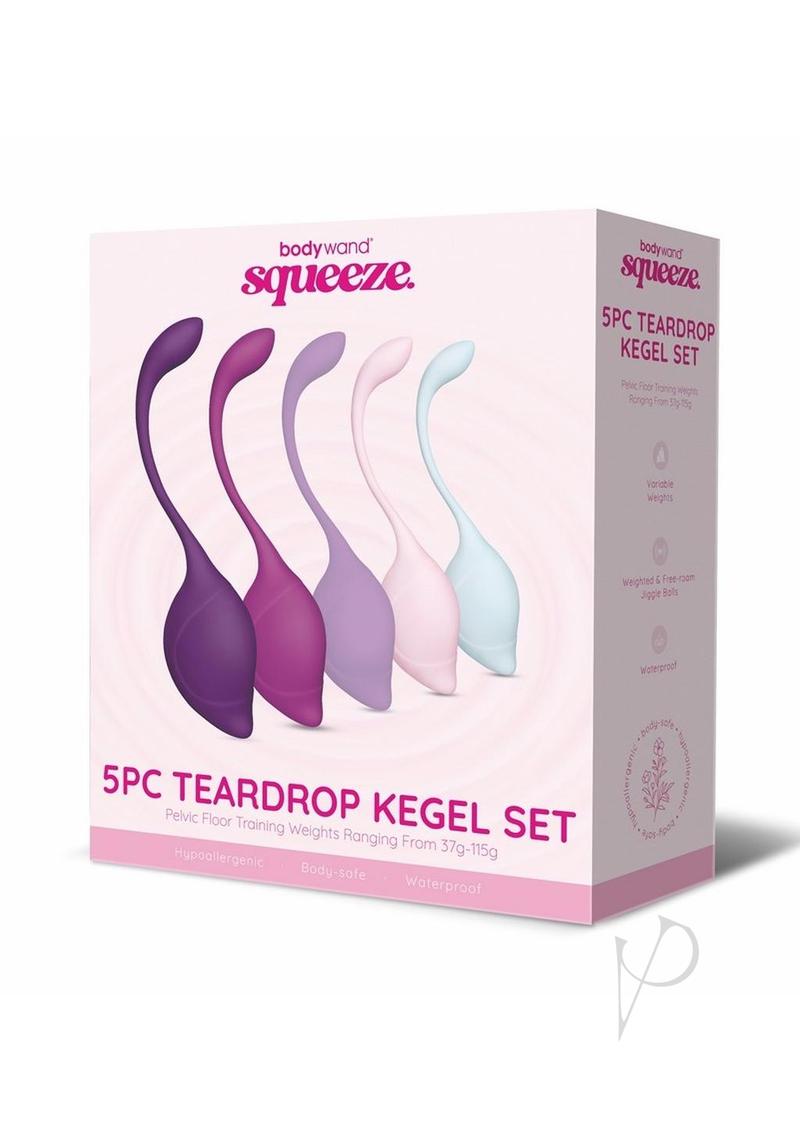 Bodywand Squeeze teardrop kegel set, five weighted silicone balls in shades of purple, pink and pale blue, in its retail box