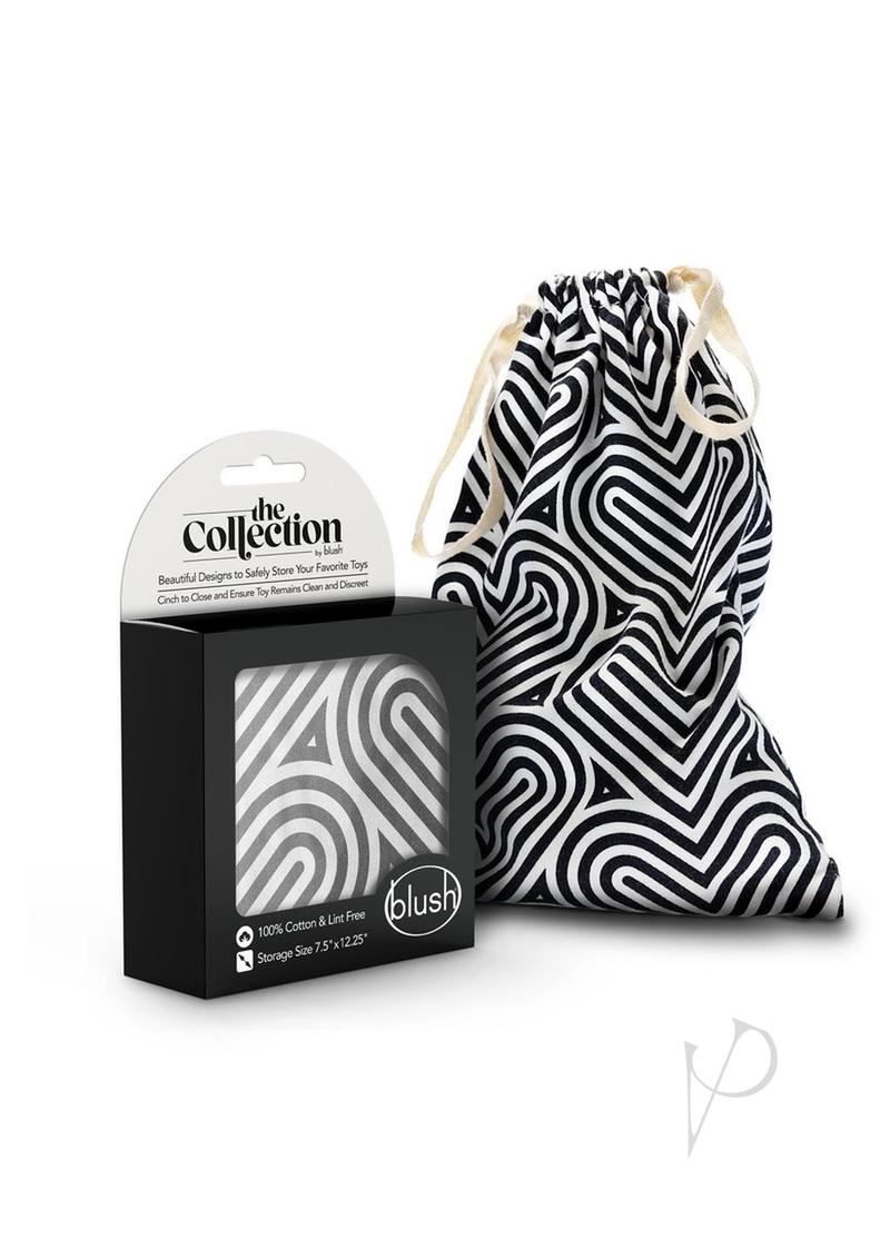 Blush The Collection Bomba cotton toy storage bag in a black and white heart print, beside its retail box