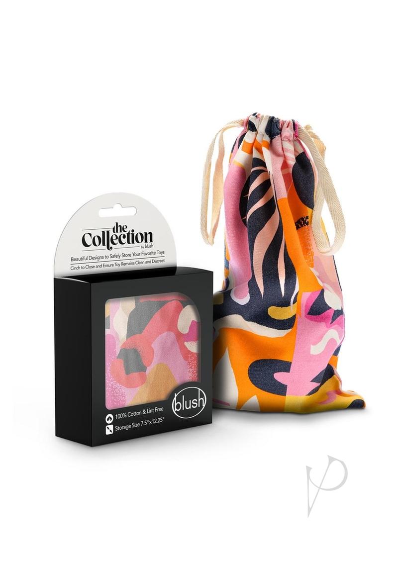 Blush The Collection Burst cotton toy storage bag in a pink, orange and navy abstract print, beside its retail box