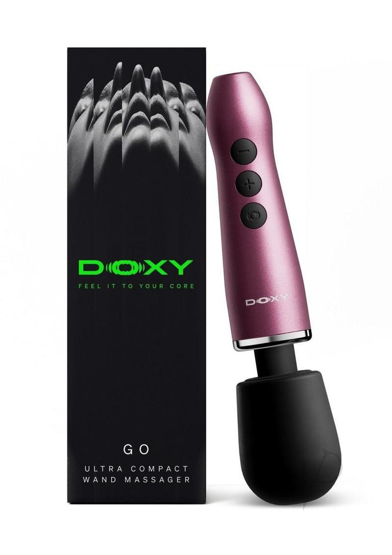 Doxy Go compact wand massager in pink, in its retail box