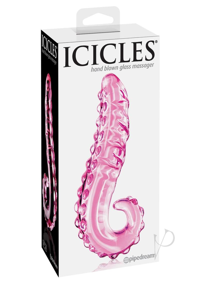 Icicles No. 24 hand-blown glass massager in pink, in its retail box