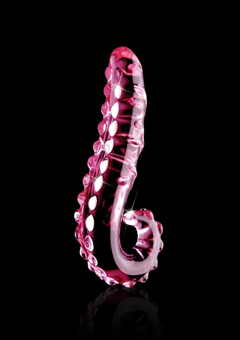 Icicles No. 24 hand-blown glass massager in pink, on a dark background