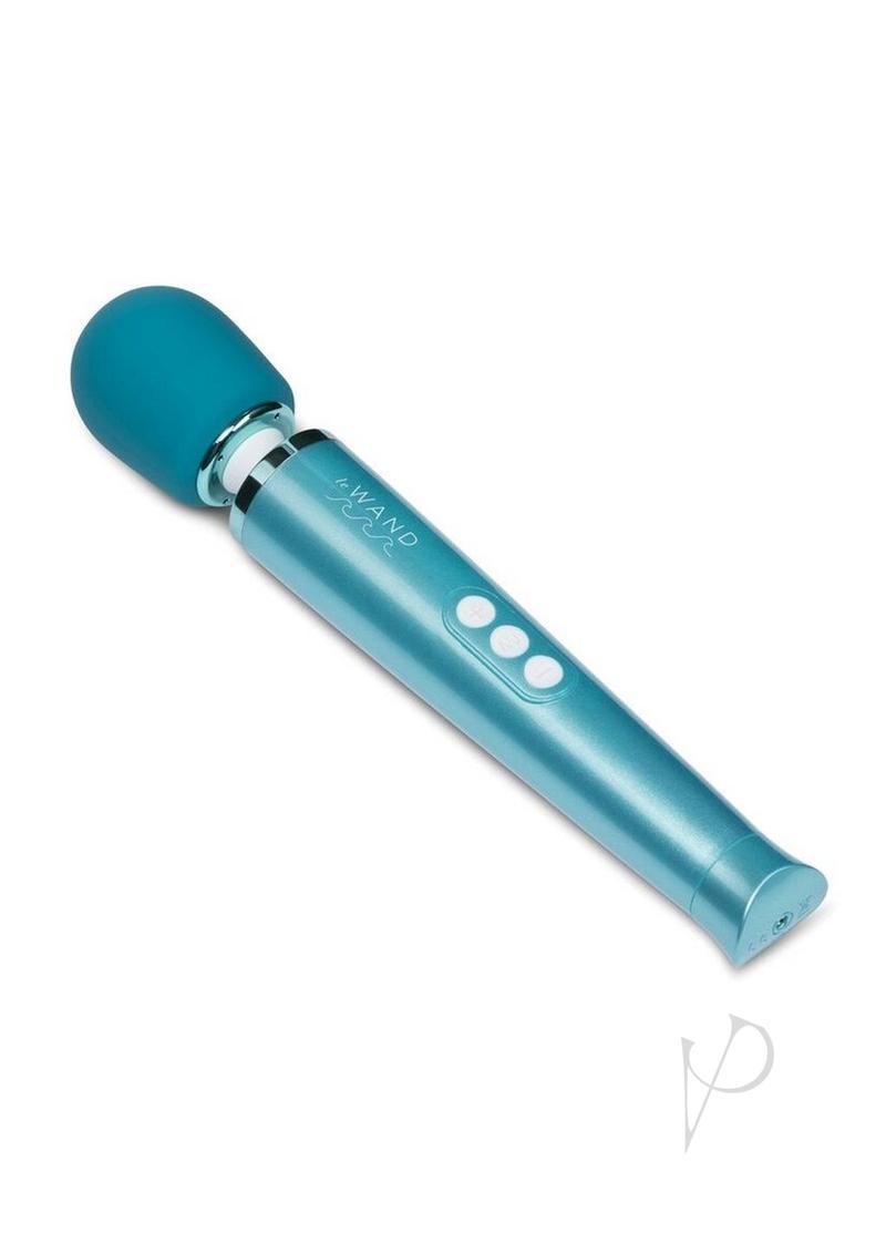 Le Wand Dive waterproof wand massager in blue, angled view