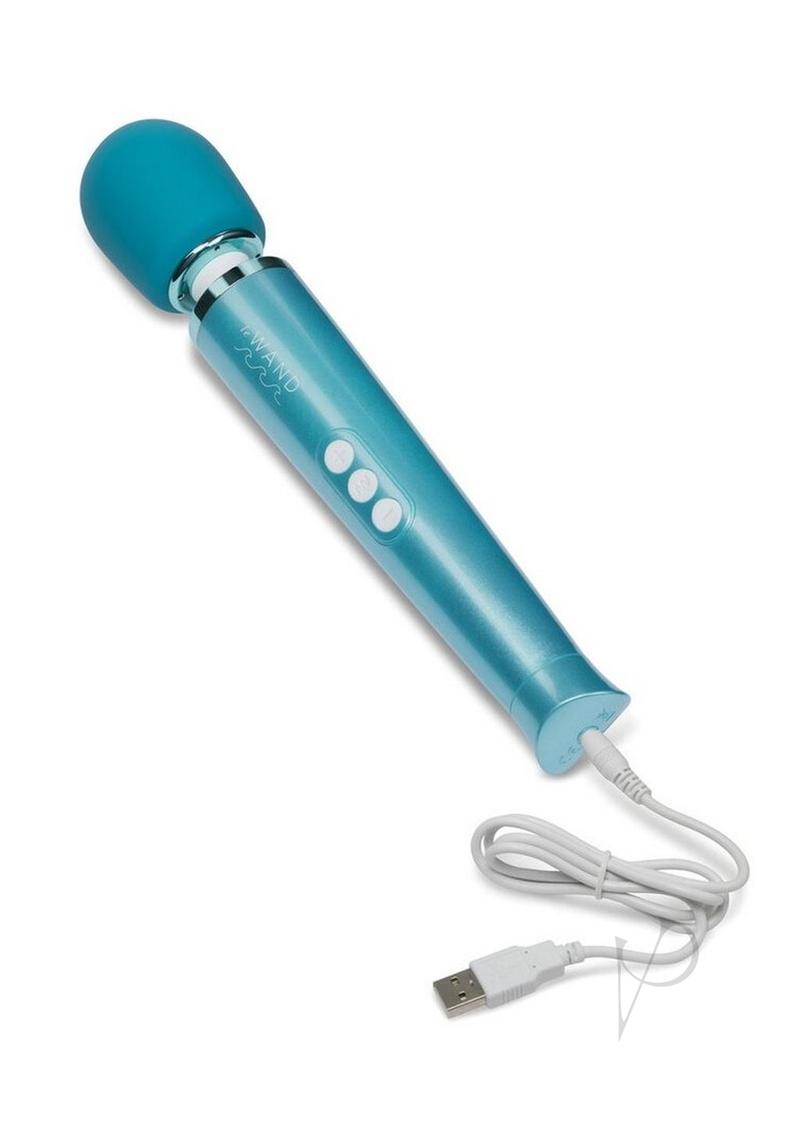 Le Wand Dive waterproof wand massager in blue, with its charging cable