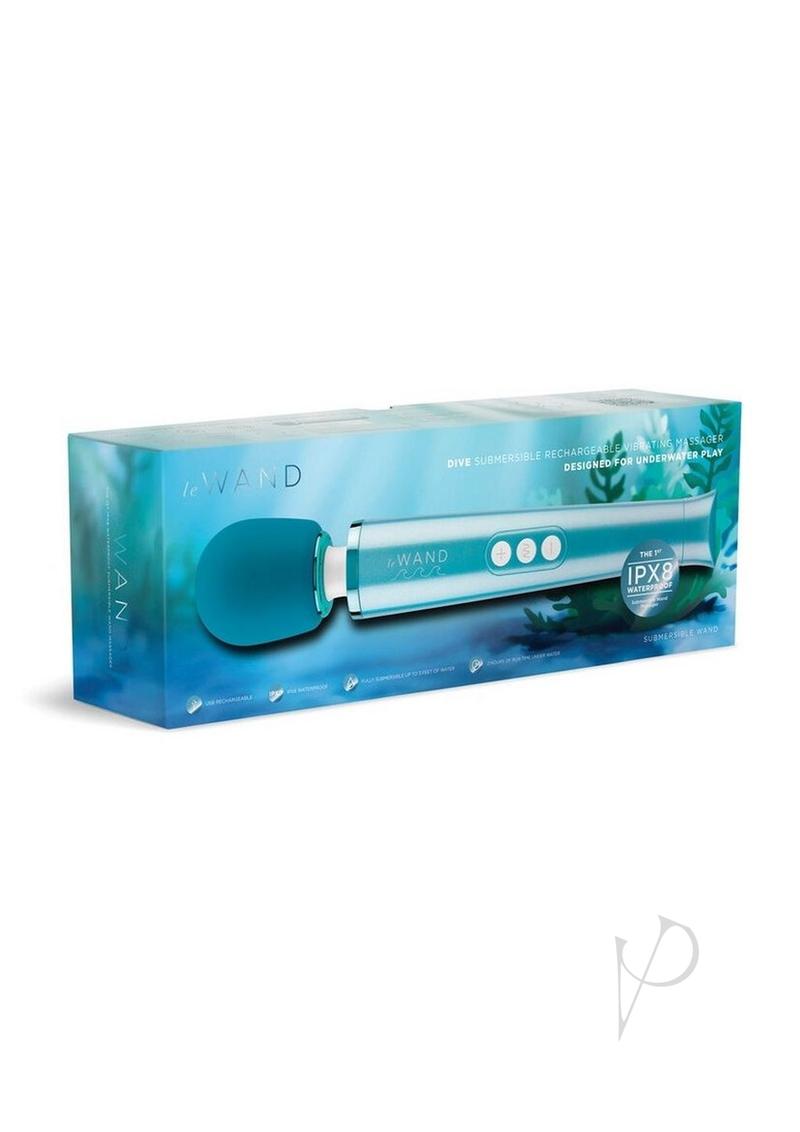 Le Wand Dive waterproof wand massager in blue, in its retail box