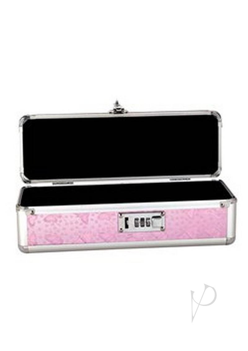 BMS Factory small lockable toy case in pink with a metallic finish, open, showing the inside