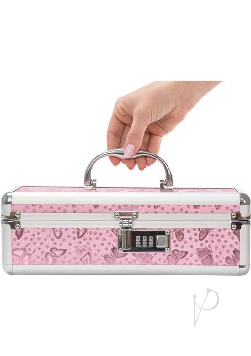 BMS Factory small lockable toy case in pink with a metallic finish, carried by its handle, for scale