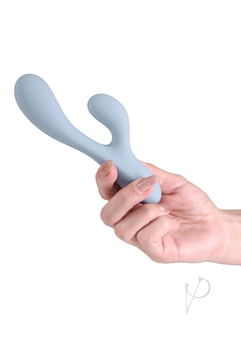 NS Novelties Love Notes Unforgettable flexible rabbit vibrator in blue, held in one hand for scale