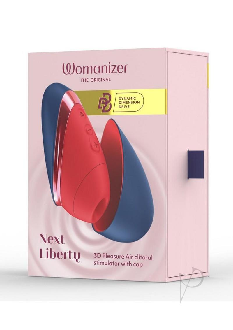Womanizer Next Liberty air pulse stimulator in blue and red, in its retail box