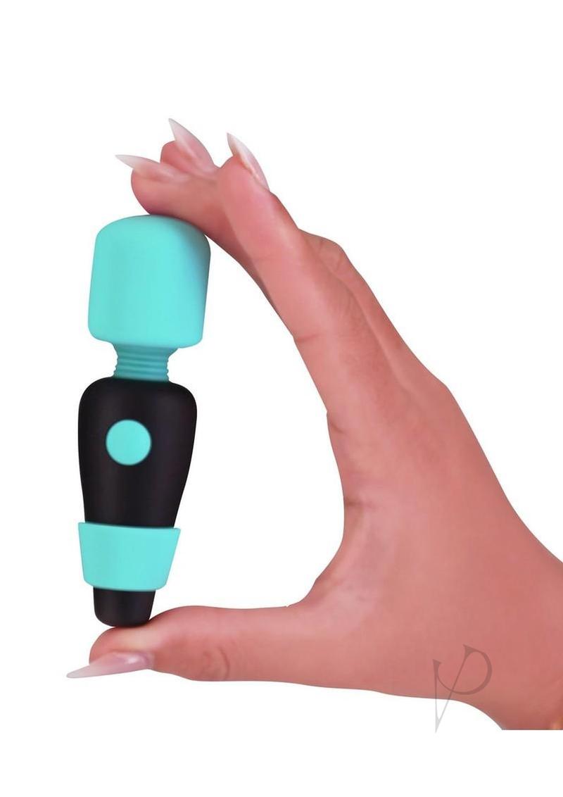 PalmPower Pocket mini wand massager in teal, held in one hand for scale