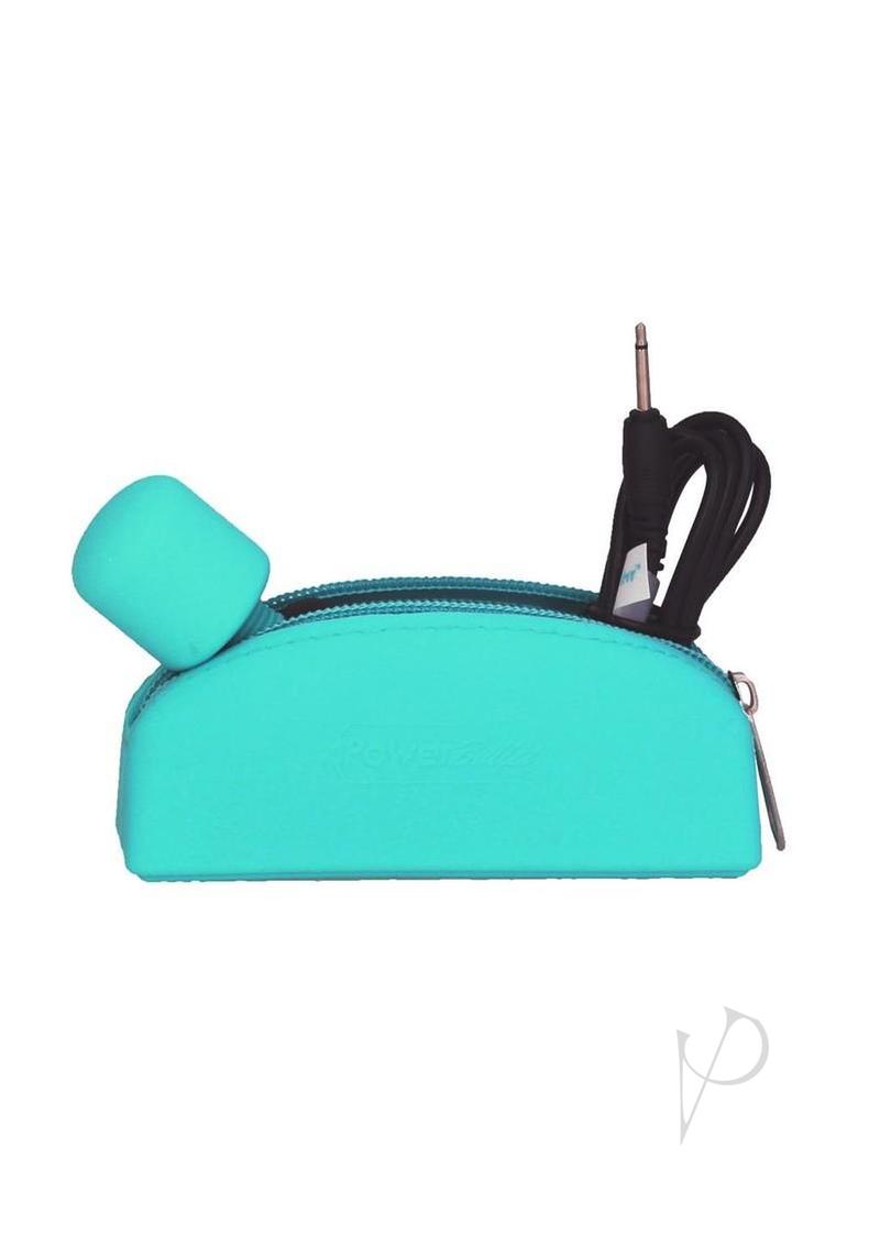 PalmPower Pocket mini wand massager in teal, with its silicone travel pouch