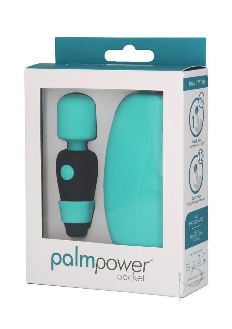 PalmPower Pocket mini wand massager in teal, in its retail box