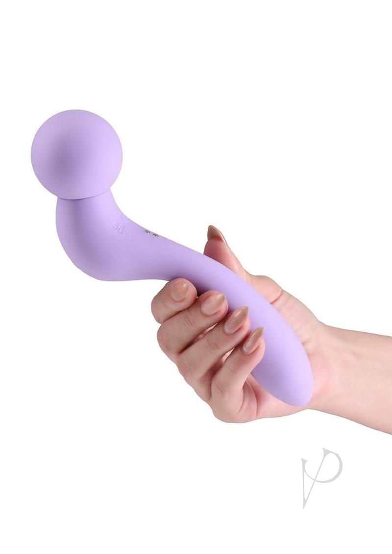 INYA Pleasure Wand dual-end vibrator in lavender, held in one hand for scale