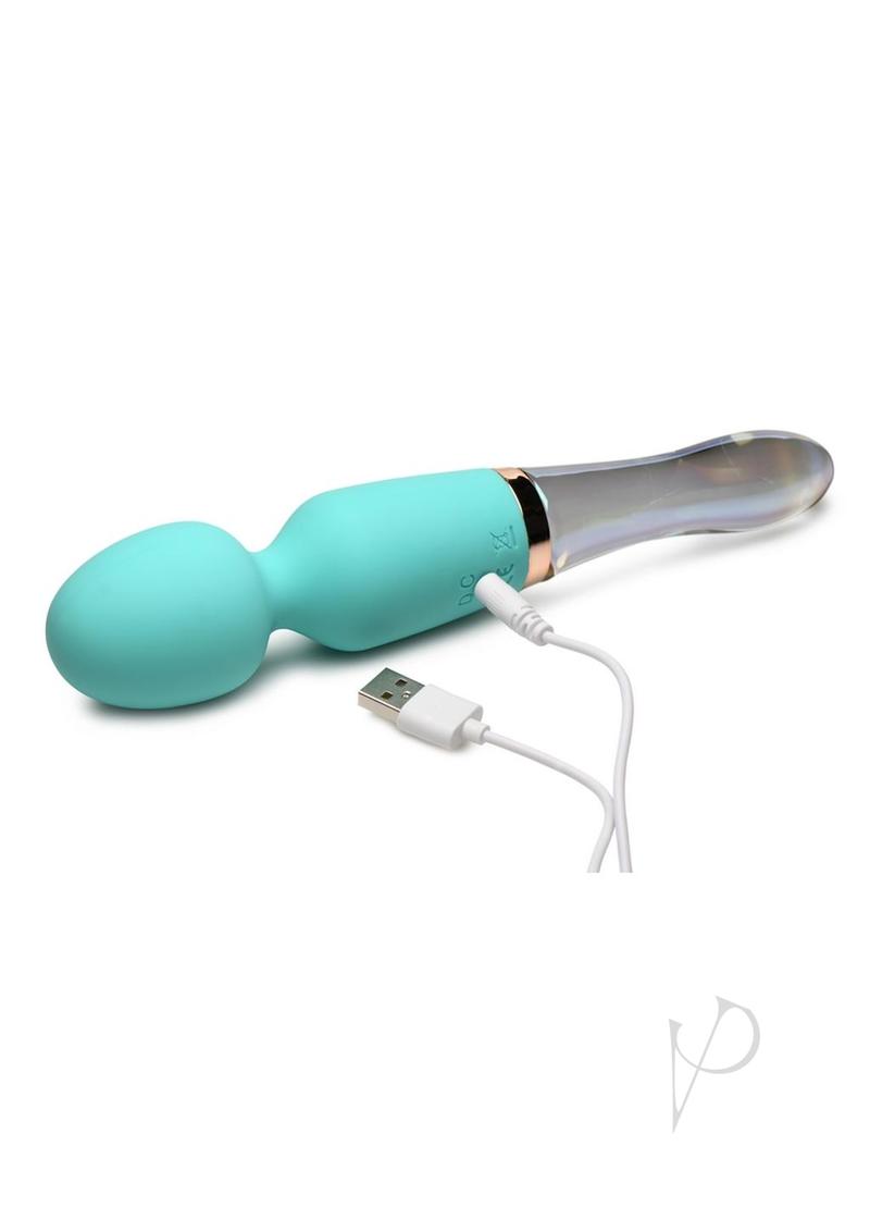 Prisms Vibra-Glass 10X dual-ended vibrator in turquoise, with its USB charging cable