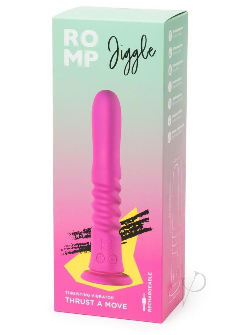 ROMP Jiggle thrusting vibrating dildo in pink, in its retail box