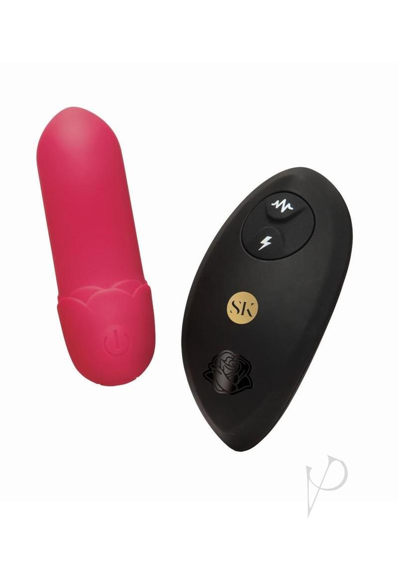 Secret Kisses Petal Play mini bullet vibrator in red, with its wireless remote