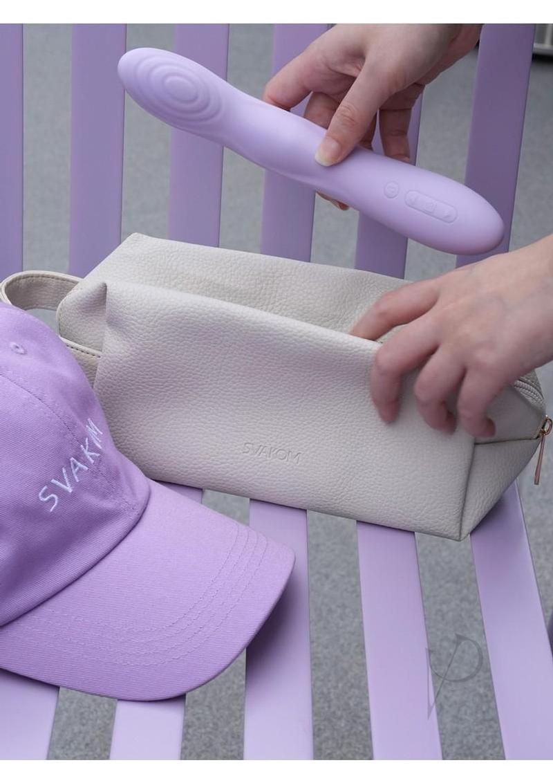 Svakom Selena G-spot vibrator in lavender, taken out of a travel pouch