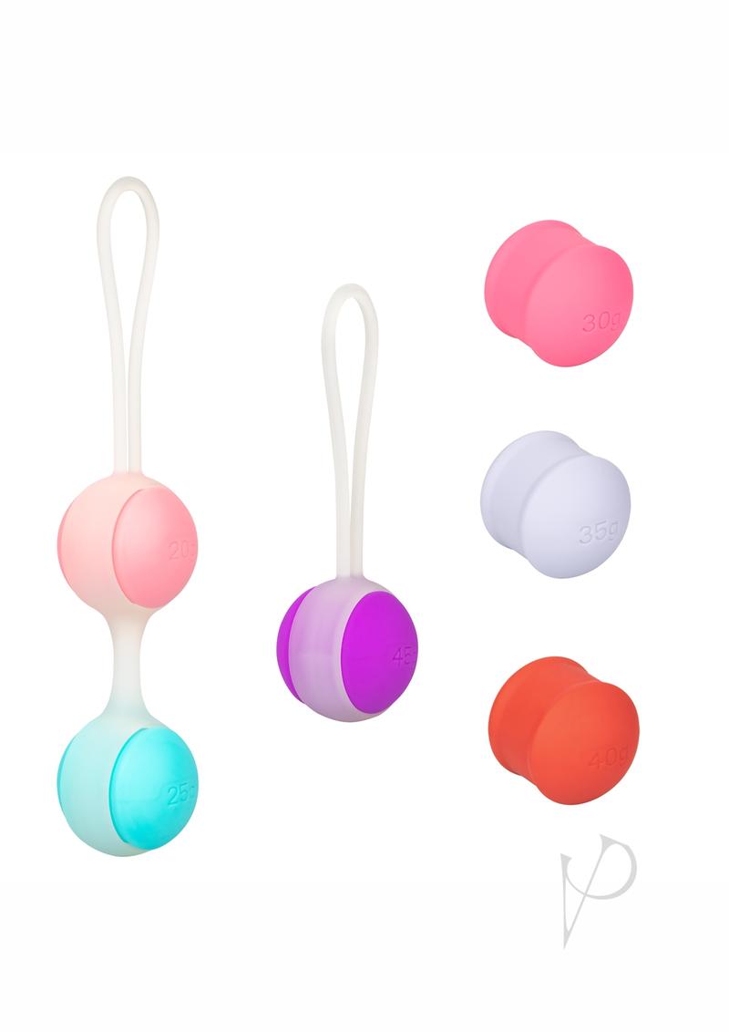 She-ology interchangeable weight kegel set, six weighted silicone balls in assorted colors with single and double holders, the holders and weights