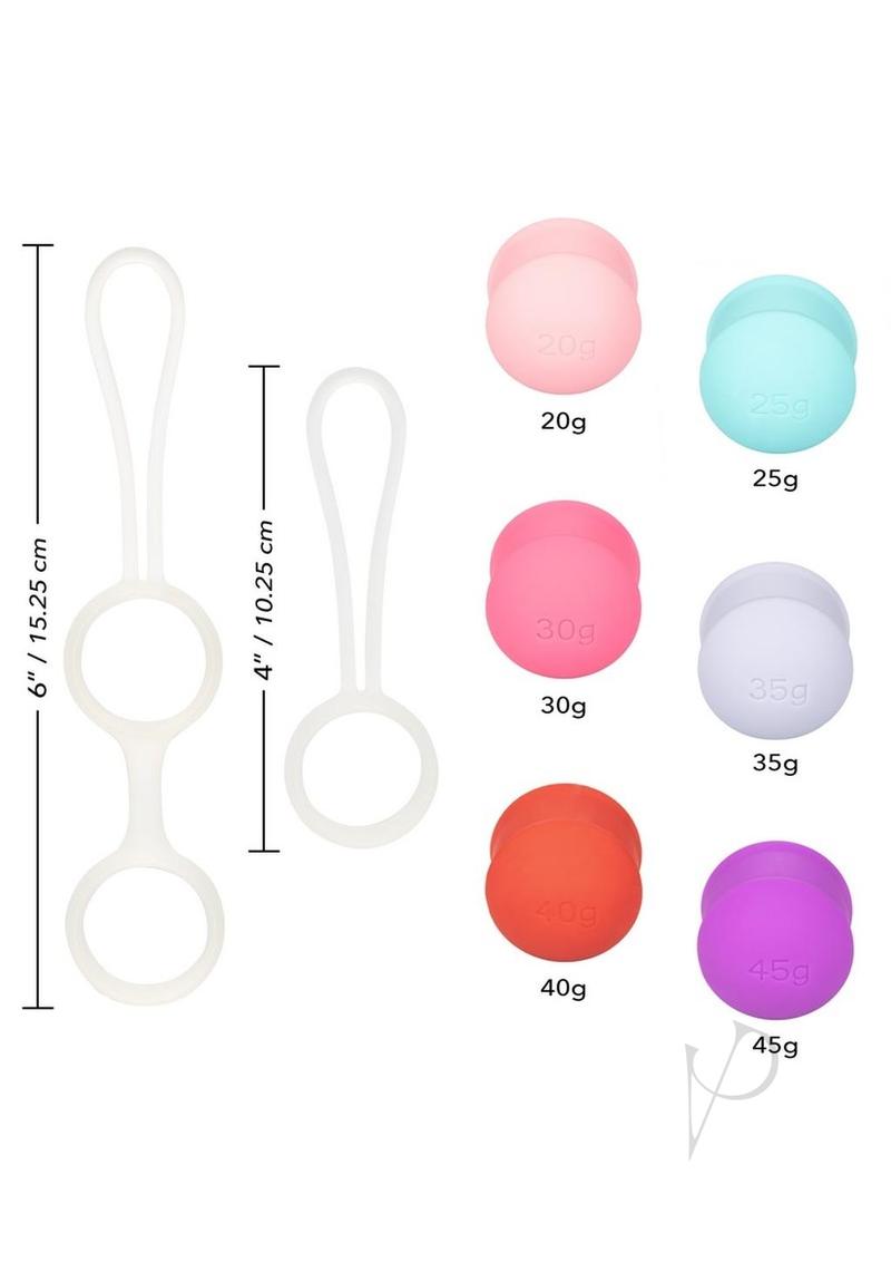 She-ology interchangeable weight kegel set, six weighted silicone balls in assorted colors with single and double holders, with the weights and holder sizes marked